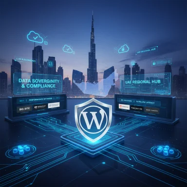 Futuristic city skyline with a WordPress shield and holographic data hubs.