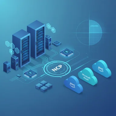 Futuristic data center linking servers to AWS and Azure clouds with AI chips.