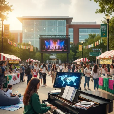 A lively outdoor campus fair with food stalls, a big-screen concert, and people enjoying the sunny day.