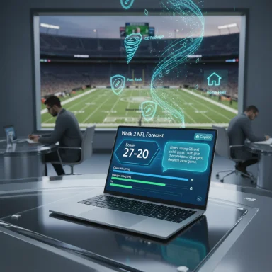 Futuristic analytics room: laptop shows Week 2 NFL forecast amid holographic stadium visuals.