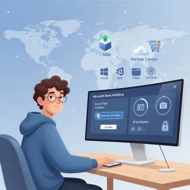 A young person at a desk uses a monitor showing Microsoft Store Publishing UI with global tech icons.