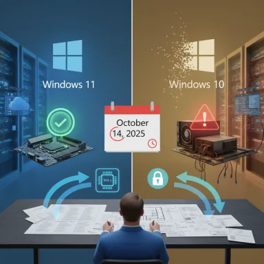 Split view of Windows 11 (left) and Windows 10 (right) with Oct 14, 2025 on a calendar.