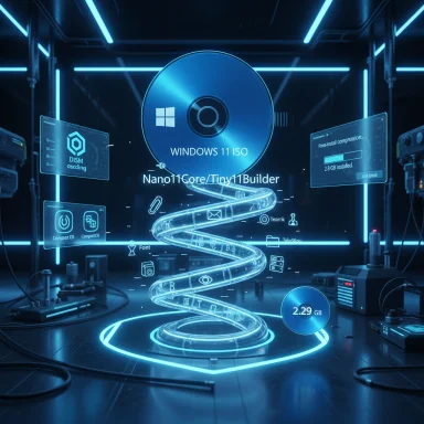 Futuristic lab scene with a glowing Windows 11 ISO hologram and a spiraling neon conduit.