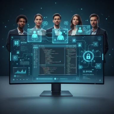 A diverse team collaborates over a futuristic holographic interface displayed on a large monitor.