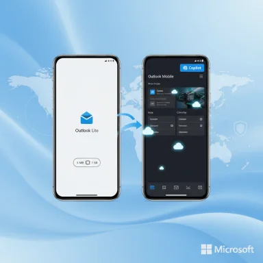 Two smartphones display Outlook Lite and Outlook Mobile on a blue world-map themed background.