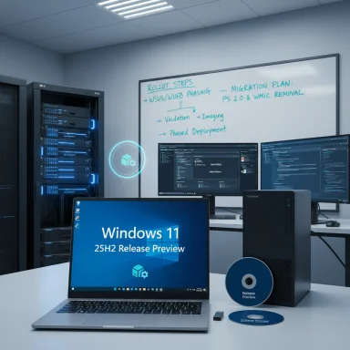 Tech lab with Windows 11 25H2 Release Preview on a laptop, servers, dual monitors, and a whiteboard.