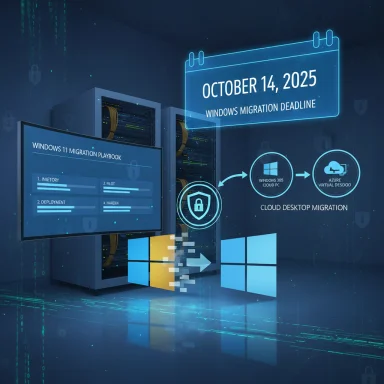 Futuristic data center graphic showing Windows migration to cloud desktops by Oct 14, 2025.