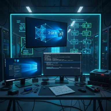 A high-tech data lab with multiple monitors, neon blue schematics, and a cluttered workstation.