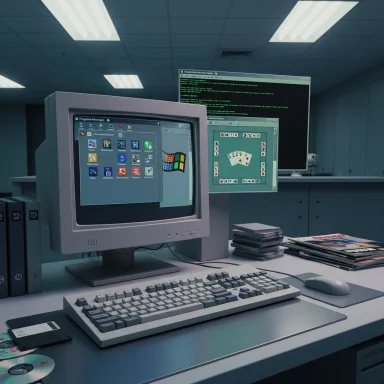 Retro computer workstation with a CRT monitor, Windows icons, and a floppy disk in an office.