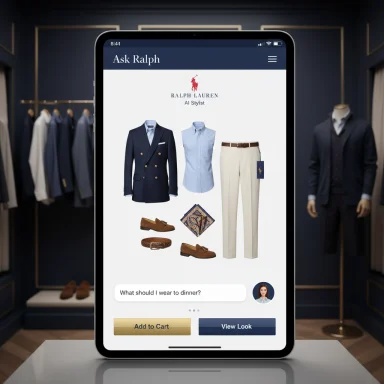 A tablet displays a Ralph Lauren outfit layout with blazer, shirt, pants and accessories.