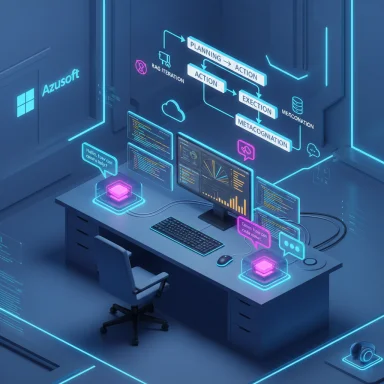 Futuristic command desk with glowing holographic workflow and multiple monitors.