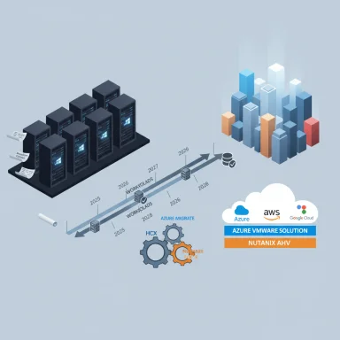 Data center to cloud migration timeline showing workloads moving to Azure, AWS, Google Cloud and Nutanix AHV.