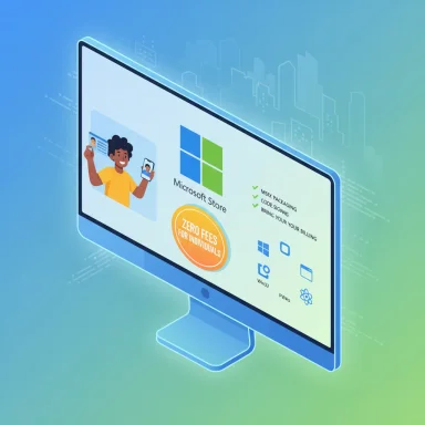 3D monitor showing Microsoft Store UI with a person image and a “Zero Fees for Individuals” badge.
