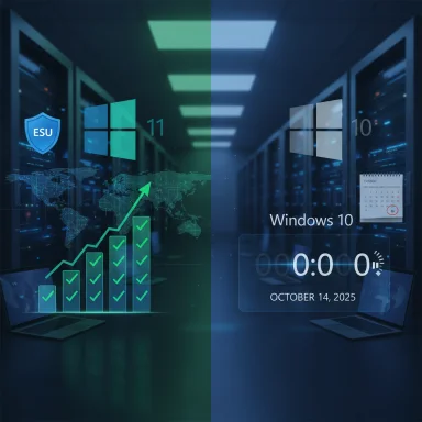 Split-screen data center: Windows 11 (green) shows growth; Windows 10 (blue) counts down to Oct 14, 2025.