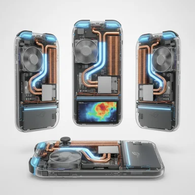 Transparent smartphones exposing copper heat pipes and blue-lit cooling channels.