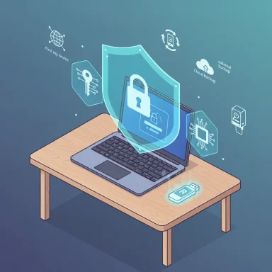 A laptop on a wooden desk with a glowing shield and floating cybersecurity icons.