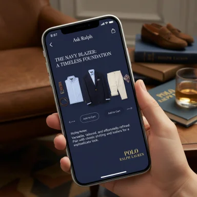 Phone screen displays a Ralph Lauren fashion app featuring a navy blazer outfit.