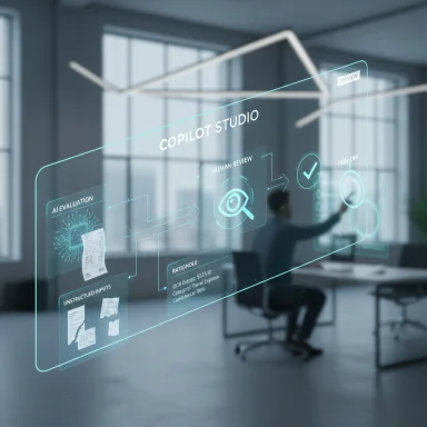 Futuristic glass HUD shows Copilot Studio AI workflow in a modern office.