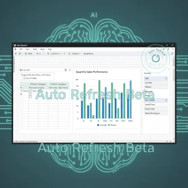 Dashboard UI with a quarterly sales chart, overlaid 'Auto Refresh Beta' text, against AI circuitry.