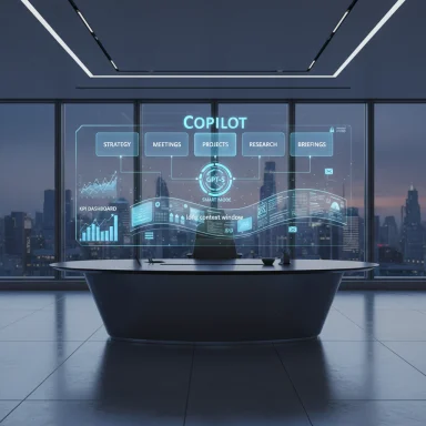 Futuristic office with a holographic COPILOT dashboard floating above a sleek desk against a city skyline.
