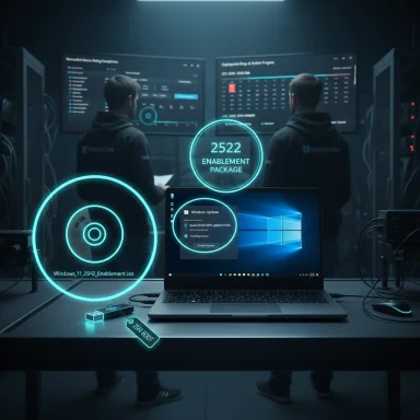 Two technicians in hoodies monitor holographic Windows 11 enablement graphics around a laptop.