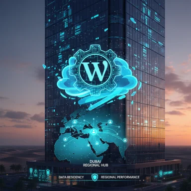 Blue holographic cloud and world-map projection on a Dubai regional hub skyscraper.