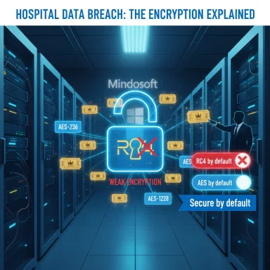 Hospital data breach: weak vs secure encryption depicted in a data center.