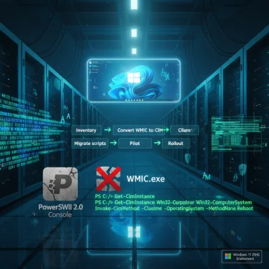 Futuristic data center with neon HUD showing WMIC to CIM migration flow.