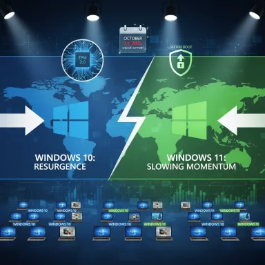 Split image showing Windows 10 resurgence vs Windows 11 slowing momentum with security cues.