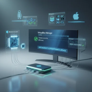 Futuristic setup with holographic screens around a VirtualBox Manager UI.