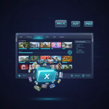 Futuristic image-conversion UI with a glowing X logo and a thumbnail gallery.