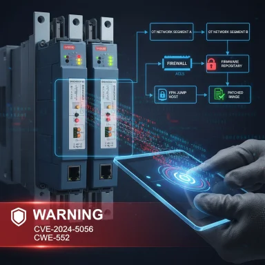 Industrial PLCs with a cybersecurity workflow diagram and a warning banner.