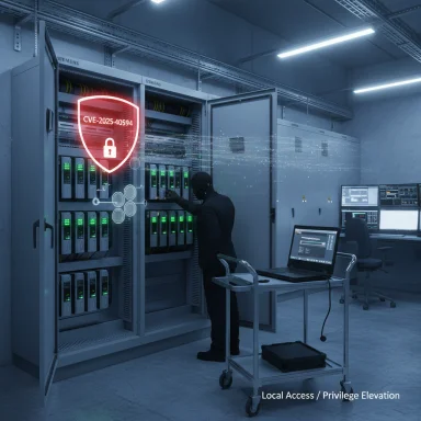 A masked intruder accesses server racks in a data center, with a CVE-2025-40594 shield.
