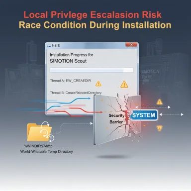Graphic warns of local privilege escalation risk during installation.