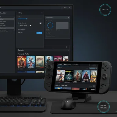 A gaming setup with a PC monitor showing UI settings and a Switch-style handheld console on a stand.