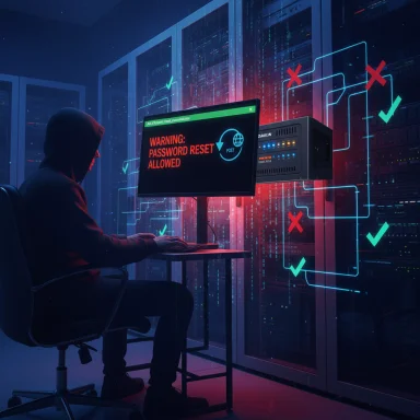 Hooded hacker at a data center watches a password reset allowed warning on screen.
