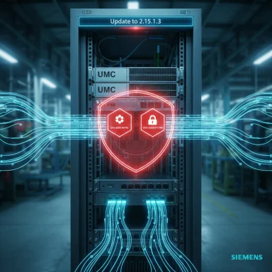 A futuristic data center server rack with glowing data streams and a security shield overlay.
