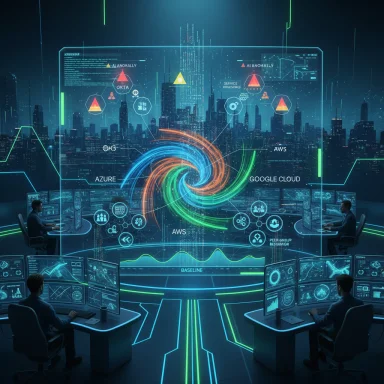 Futuristic operations center with holographic data swirl linked to AWS, Google Cloud, and Azure.