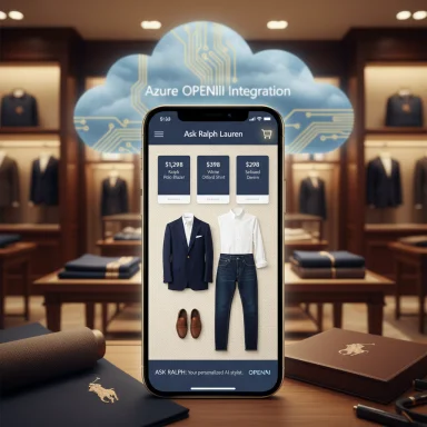 A smartphone shows AI-stylist recommendations for men's fashion inside an upscale clothing store.