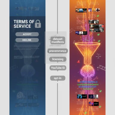 Three-panel infographic: Terms of Service left, data-privacy options center, and a neon brain-funnel right.