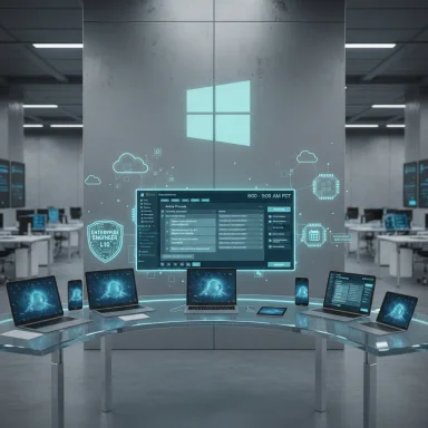 A futuristic data lab with a holographic Windows display and multiple laptops around a curved glass table.