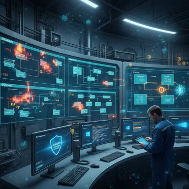 A technician in a high-tech control room monitors blue holographic flowcharts on multiple screens.