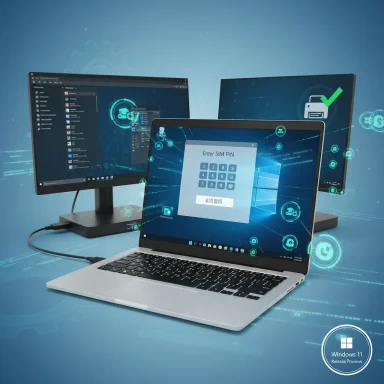 A laptop with multiple monitors displays a futuristic digital interface and a SIM PIN prompt.