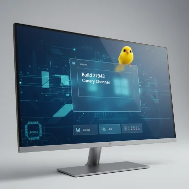 A computer monitor displays a futuristic UI as a small yellow chick sits on its top edge.
