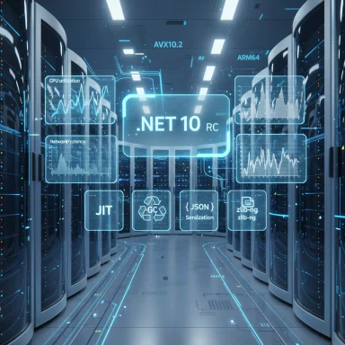 Futuristic data center with holographic dashboards displaying NET 10 RC and server metrics.