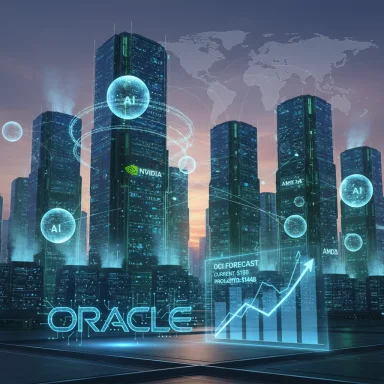 Futuristic city skyline with glowing AI spheres and holographic data charts.