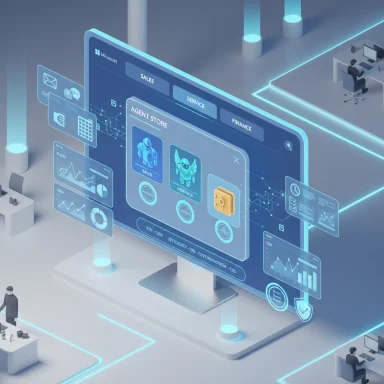Futuristic holographic dashboard showing an agent store and sales analytics.