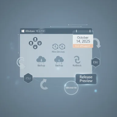 Windows 10 22H2 UI mockup showing End of Support date and Release Preview flow.