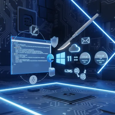Futuristic cyber-tech scene with Windows 11 logo, code, cloud icons, and a scalpel hovering over a circuit-board desk.