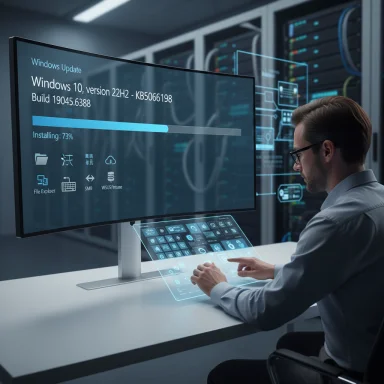 Tech worker updates Windows 10 (22H2) on a large screen using a holographic keyboard in a data center.
